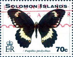 Stamp, Swallowtail Butterfly (Papilio ptolychus) - Red Overprint, Solomon Islands,  , Animals (Fauna), Butterflies, Insects, Philatelic Exhibitions