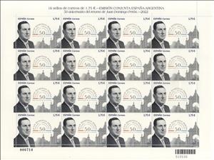 Full Pane, Juan Domingo Perón. 50th Anniversary of return to Argentina, Spain,  , Famous People, Heads of State, Politicians