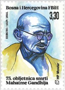 Stamp, Assassination of Mahatma Gandhi, 75th Anniversary, Bosnia and Herzegovina, Croatian Admin,  , Anniversaries and Jubilees, Famous People, Human Rights, Independency Activists, Lawyers - Advocates, Teachers