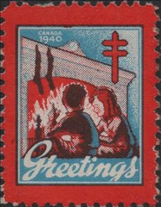 Stamp, Children in front of fireplace with stockings, Canada,  , Christmas, Tuberculosis / TBC