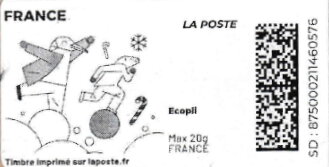 Stamp, Bird in a green coat polar bear balls in black, France,  , Christmas
