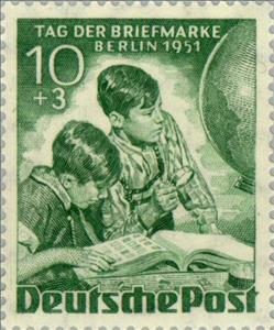Stamp, Boys with stamp album, globe, Berlin,  , Special Occasions, Stamps, Philately, Stamp Day