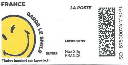 Stamp, Keep smiling. Garde le smile. in yellow. Redesign, France,  , Cartoons