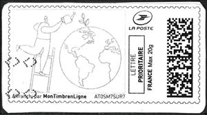 Stamp, Man on a Ladder Watering the Earth. Line Drawing, France,  , Environment Protection, Globes, Planets