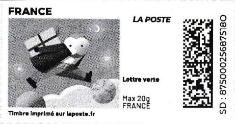 Stamp, Owl carrying gift in black, France,  , Christmas