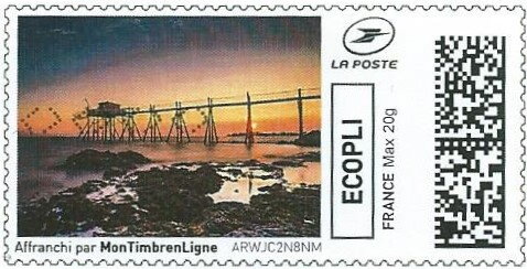 Stamp, Summer. Fishing Hut on the Atlantic Coast, France,  , Beaches, Houses, Sea, Sunsets / Sunrises