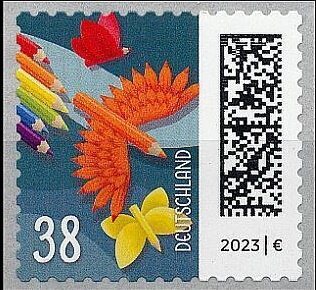 Stamp, Pencils as Birds and Butterflies, Germany, Federal Republic,  , Birds, Butterflies, Letters (Mail)