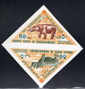 Se-tenant, Mastodon/Rhinoceros, Hadhramaut, Qu'aiti (Shihr & Mukalla),  , Animals (Fauna), Elephants, Mammals, Prehistorical Animals, Rhinoceroses, Triangle Stamps