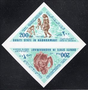 Se-tenant, Prehistoric Man/Apes, Hadhramaut, Qu'aiti (Shihr & Mukalla),  , Animals (Fauna), Anthropology, Apes, Mammals, Prehistory, Triangle Stamps