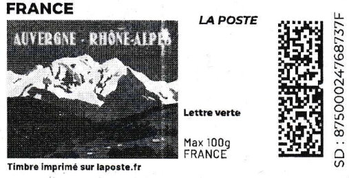 Stamp, Auvergne Rhone Alpes. in black. Redesign. without laposte..., France,  , Landscapes, Mountains