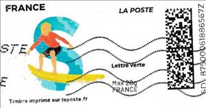 Stamp, Letter S Surfing. Redesign without laposte logo, France,  , Aquatic Sports, Letters (Alphabet), Sports, Surfing