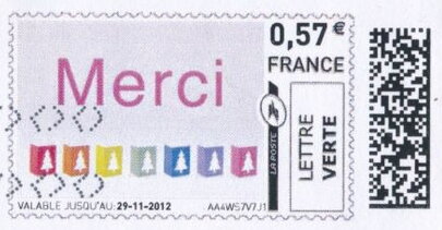 Merci in red with coloured squares below