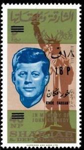 Stamp, John Fitzgerald Kennedy (1917-1963); surcharged 18p on 40np, Khor Fakkan,  , Famous People, Heads of State, Statues