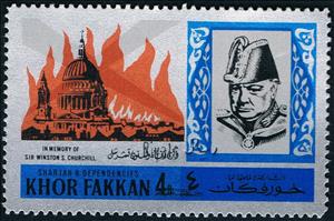 Stamp, St. Paul's Cathedral, London; surcharged 4R (new) on 4R, Khor Fakkan,  , Authors, Famous People, Literary People (Poets and Writers), Literature, Nobel Laureates, Politicians