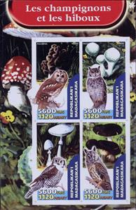 Mini Sheet, Mushrooms and Owls, Madagascar,  , Birds, Mushrooms