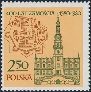 Stamp, Map and Old Town Hall of Zamosc, 1591, Poland,  , Architecture, City Halls, Engravings, Maps, UNESCO World Heritage Sites