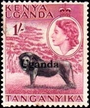 Stamp, Lion (Panthera leo), Uganda,  , Animals (Fauna), Famous People, Heads of State, Лев, Mammals, Queens, Royalty, Wild Cats