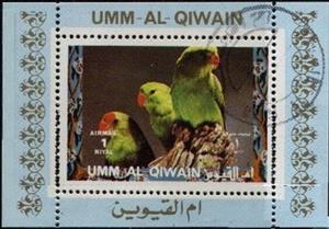 Souvenir Sheet, Black-winged Lovebird (Agapornis taranta), Umm al-Qiwain,  , Animals (Fauna), Birds