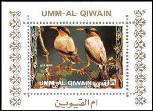 Souvenir Sheet, Brahminy Starling (Sturnia pagodarum), Umm al-Qiwain,  , Animals (Fauna), Birds