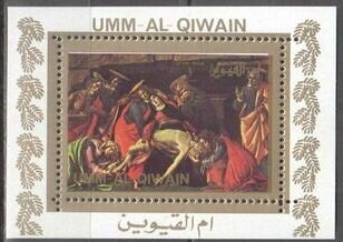 Souvenir Sheet, Lamentation over Dead Christ, Botticelli, Umm al-Qiwain,  , Art, Christian, Easter, Paintings, Religion
