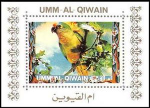 Souvenir Sheet, Peach-fronted Parakeet (Eupsittula aurea), Umm al-Qiwain,  , Animals (Fauna), Birds