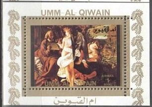 Souvenir Sheet, Rest on the Flight into Egypt, Caravaggio, Umm al-Qiwain,  , Art, Christian, Christmas, Paintings, Religion