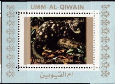 Souvenir Sheet, Tiger Quoll (Dasyurus maculatus), Umm al-Qiwain,  , Animals (Fauna), Mammals, Marsupials