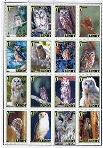 Full Pane, Owls, United Kingdom- Private Mail Stamps,  , Animals (Fauna), Birds, Birds of Prey, Owls