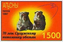 Stamp, Two Monkeys and the First Satellite, Abkhazia,  , Animals (Fauna), Monkeys, Red Cross and Red Crescent