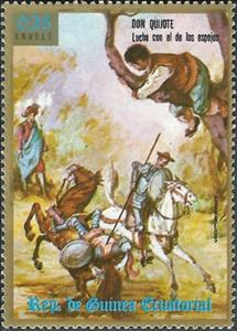 Stamp, Fight the Knight of Mirrors, Equatorial Guinea,  , Weapons, Mammals, Horses, Drawings, Literature, Animals (Fauna), Knights