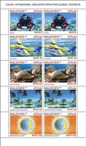 Mini Sheet, Covid-19 Pandemic: Maldives Open for Global Tourist, Maldives,  , Aircraft, Beaches, Diving (Scuba-Snorkelling), Healthcare, Reptiles, Sea Life, Tourism, Turtles