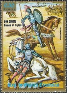 Stamp, Fighting on the beach, Equatorial Guinea,  , Weapons, Mammals, Horses, Drawings, Literature, Animals (Fauna), Knights