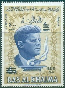 Stamp, Eternal Flame at John F. Kennedy’s Gravesite, surcharged, Ras al Khaimah,  , Famous People, Fire and Flames, Heads of State
