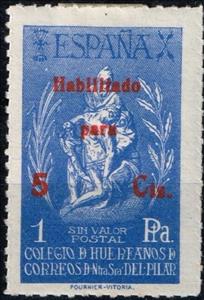 Stamp, Colegio Huerfanos Correos Senora Nuestra Pilar Habilitado 5c, Spain, Civil War,  , Charity, Statues
