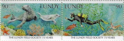 Se-tenant, The Lundy Field Society 75 Years, United Kingdom- Private Mail Stamps,  , Anniversaries and Jubilees, Diving (Scuba-Snorkelling), Sea Life, Seals (Animals)