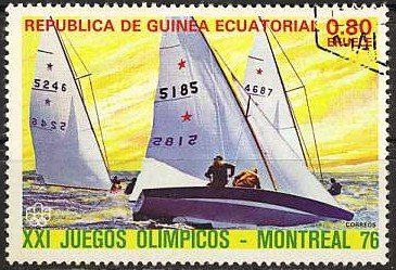 Stamp, Sailing (star), Equatorial Guinea,  , Ships, Sport, Aquatic Sports, Sailing, Olympic Games, Sailing Ships