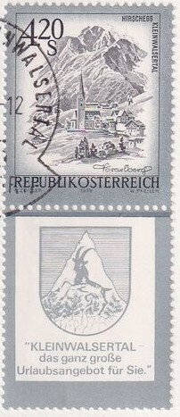 Stamp with Attached Label, Hirschegg in Kleinwalsertal, Vorarlberg, Austria,  , Churches - Cathedrals - Basilicas - Chapels, Coats of Arms, Houses, Landscapes, Stylized Animals, Stylized Objects, Towers