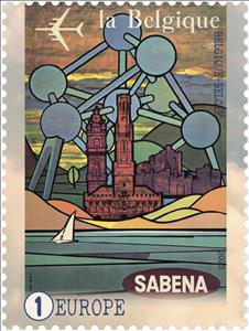 Stamp, Promotional Poster for SABENA, Belgium,  , Aircraft, Airlines, Aviation, Monuments, Promotional Posters