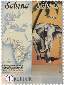 Stamp, Promotional Poster for SABENA, Belgium,  , Aircraft, Airlines, Aviation, Elephants, Maps, Palm-trees, Promotional Posters