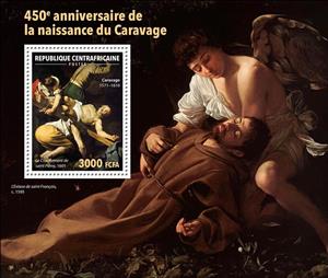 Souvenir Sheet, "Crucifixion of St. Peter", 1601, Central African Republic,  , Art, Paintings