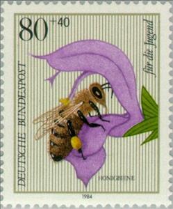 Stamp, Honey Bee (Apis mellifera), Meadow Sage (Salvia pratensis), Germany, Federal Republic,  , Insects, Bees, Children, Animals (Fauna)