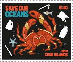 Stamp, Crab and Ocean Pollution, Cook Islands,  , Crabs, Environment Protection