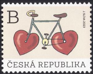 Stamp, Bicycle with Heart Wheels, Czech Republic,  , Bicycles, Hearts