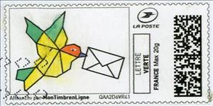 Stamp, Bird with Letter 1 - coloured in, France,  , Birds, Letters (Mail)