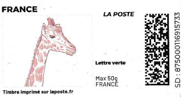 Stamp, Giraffe. Redesign without Laposte logo, France,  , Animals (Fauna), Giraffes, Mammals
