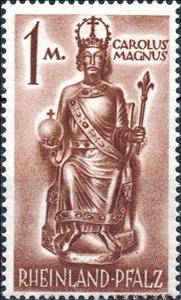 Stamp, Karl the Great, Germany, French Occupation of Rhineland-Palatinate,  , Crowns and Coronets, Golden Objects, Kings