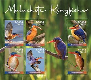 Mini Sheet, Malachite Kingfisher (Corythornus cristatus), Ghana,  , Animals (Fauna), Birds, Kingfishers