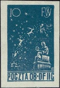 Stamp, 400th Ann. of Death Nicolaus Copernicus - Statue in Warsaw, Poland, German Occupation In WWII,  , Anniversaries and Jubilees, Astronomers, Famous People, Monuments, Statues, Zodiac