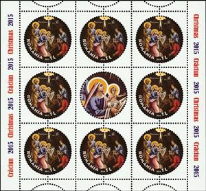 Mini Sheet, Nativity of Christ; Icon Painted by Gheorghe Tattarescu, Romania,  , Christian, Christmas, Paintings, Religion, Round Stamps, Saints