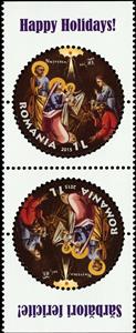 Tete-Beche, Nativity of Christ; Icon Painted by Gheorghe Tattarescu, Romania,  , Christian, Christmas, Religion, Round Stamps, Saints